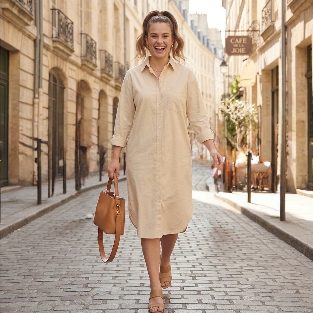 Le' AL.X Women Cream Beige Midi Dress Shirt Size L Large Cotton Long Sleeves - Picture 3 of 10